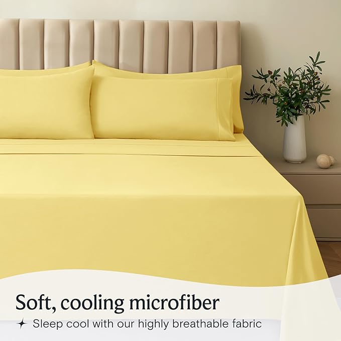 LuxClub 4 PC Sheet Set Bed Sheets Deep Pockets 16" Eco Friendly Wrinkle Free Cooling Machine Washable Hotel Bedding Silky Soft - Lemon California King