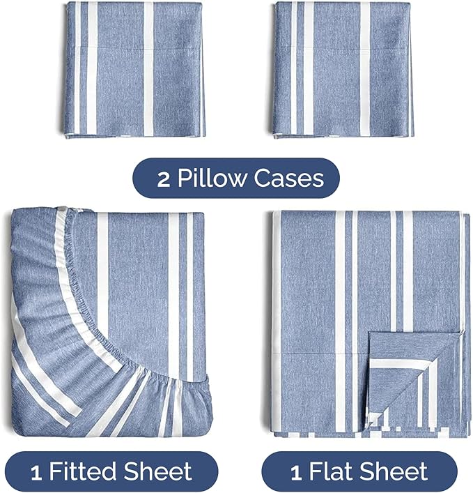 Twin XL 4 Piece Sheet Set - Comfy Breathable & Cooling - Soft Hotel Luxury Bedding Set with 8-16 Inch Deep Pockets - 1 Flat & 1 Fitted Sheet & 2 Pillowcases - Wrinkle Free & Easy Care - Blue Stripes 3