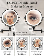 30X/1X Wall Mounted Lighted Makeup Mirror, 9'' Height Adjustable Double Sided 5000mAh Rechargeable Magnifying Bathroom Mirror with Light, 3 Color Modes Touch Dimmable Extended Arm 360 Rotation