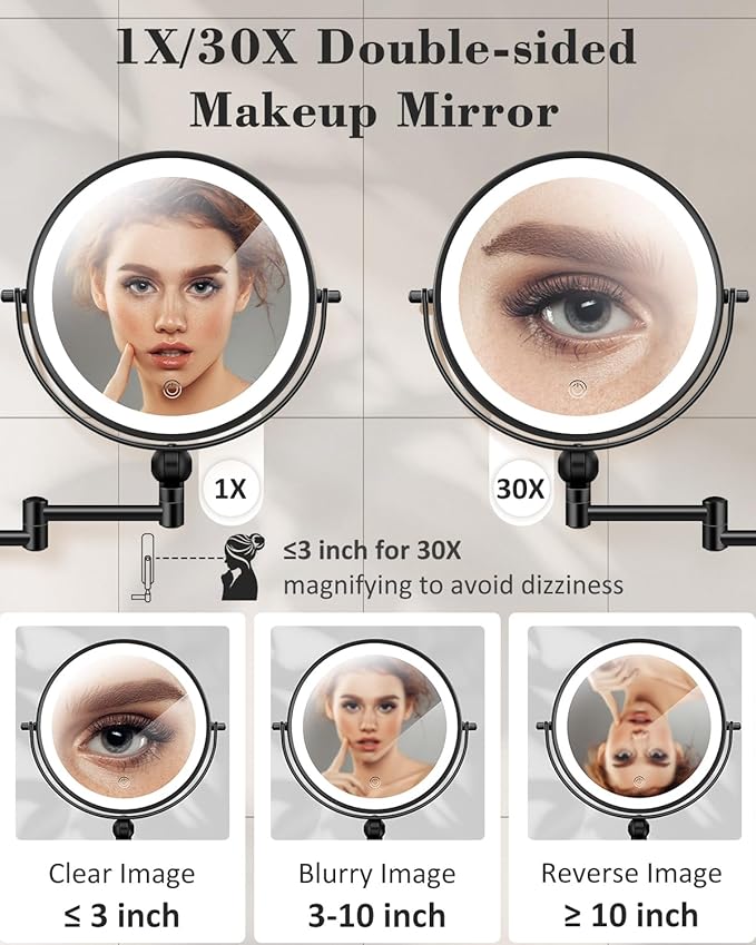 30X/1X Wall Mounted Lighted Makeup Mirror, 9'' Height Adjustable Double Sided 5000mAh Rechargeable Magnifying Bathroom Mirror with Light, 3 Color Modes Touch Dimmable Extended Arm 360 Rotation