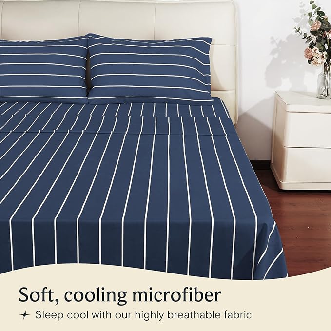 LuxClub 4 PC Full Size Sheet Set Bed Sheets, Breathable Luxury Deep Pockets Wrinkle Free Cooling Sheets Machine Washable Hotel Bedding (Full, Striped Navy)