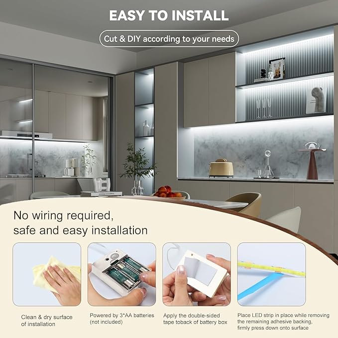 Battery Powered LED Strip Lights, COB Motion Sensor LED Strip Lights 20 inch x 3 Pack for Kitchen Under Cabinet Lighting, Shelves, Under Counter, Closet, Cordless Click Light, Cool White 6000K