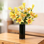 ASTRYAS 18 Heads Artifical Lilies Flowers, Yellow Fake Lily with 9 Heads Full Bloom Lily & 3 Buds-Faux Lilies Bouquets for Home Hotel Flower Arrangement Party Decoration(2, Bright Yellow)