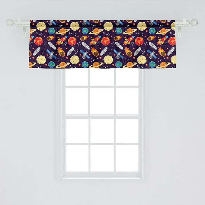 Ambesonne Space Window Valance, Universe Themed Illustration with Earth Moon Constellations Saturn Rockets Stars, Curtain Valance for Kitchen Bedroom Decor with Rod Pocket, 54" X 18", Dark Night Blue