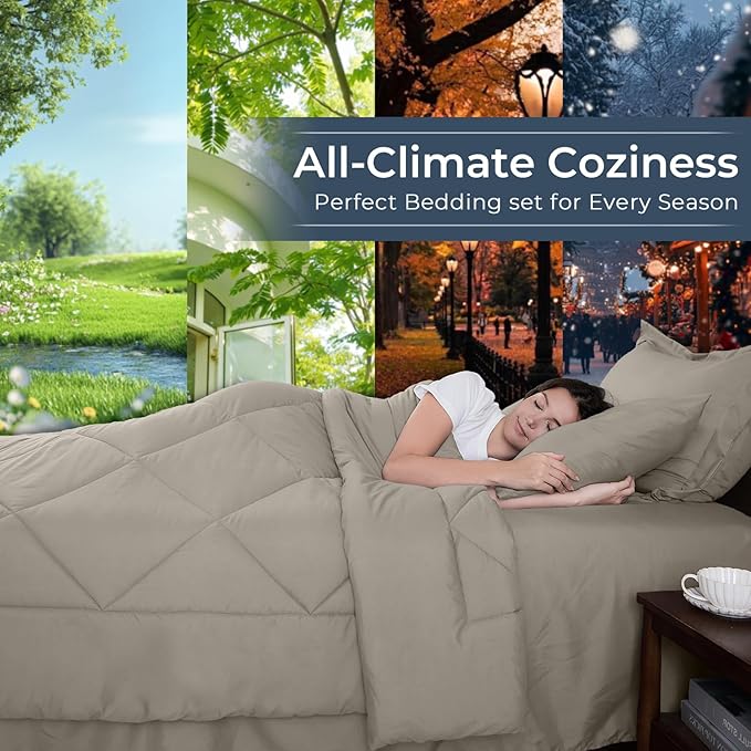 HEVUMYI Oatmeal Twin Comforter Set - 5-Piece All Season Bed in a Bag Twin, Ultra Soft Bedding Set with Comforter, Flat Sheet, Fitted Sheet, Pillowcases, Pillow Shams