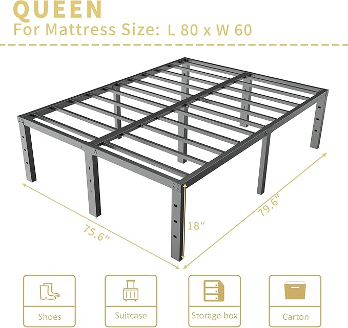 ALDRICH 18 Inch Metal Bed Frame Queen Size - Black Basic Steel Slats Platform, Easy Assembly Heavy Duty Noise Free Bedframes, No Box Spring Needed