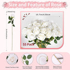 52 PCS White Artificial Roses Bulk, Fake Artificial Flowers Bridal Bouquet Silk Faux Rose with Stems for Wedding Flowers Decoration, Valentine's Day, Bridal Bouquet, Anniversary, Home Decor (52PCS)