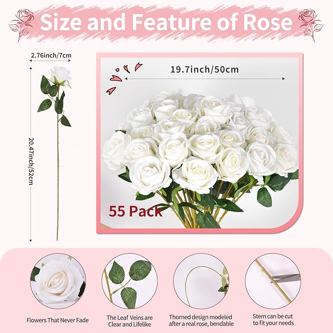 52 PCS White Artificial Roses Bulk, Fake Artificial Flowers Bridal Bouquet Silk Faux Rose with Stems for Wedding Flowers Decoration, Valentine's Day, Bridal Bouquet, Anniversary, Home Decor (52PCS)