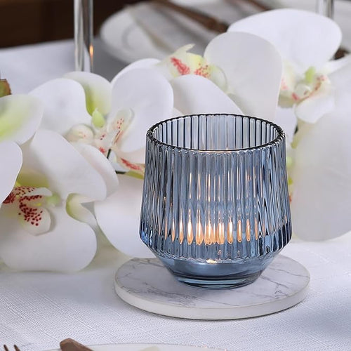 12 Pcs Large Blue Votive Candle Holders- 3.15"×3.15" Ribbed Blue Candle Holders, Blue Tea Lights Candle Holders for Dusty Blue Wedding Decor, Bridal Shower Decorations, Blue Centerpieces for Tables