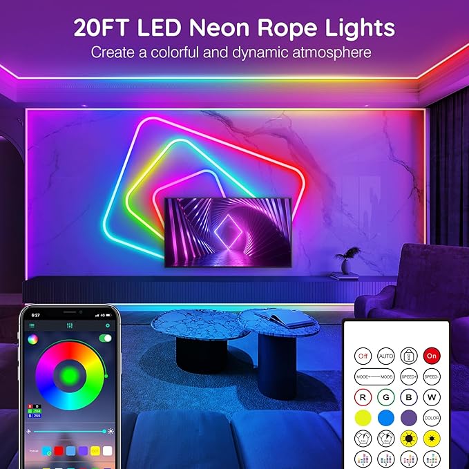 AILBTON 20Ft Neon Rope Lights,Flexible Led Rope Lights Control with App/Remote,Multiple Modes Rope Lights,IP65 Outdoor RGB Led Neon Light Waterproof,Music Sync Gaming