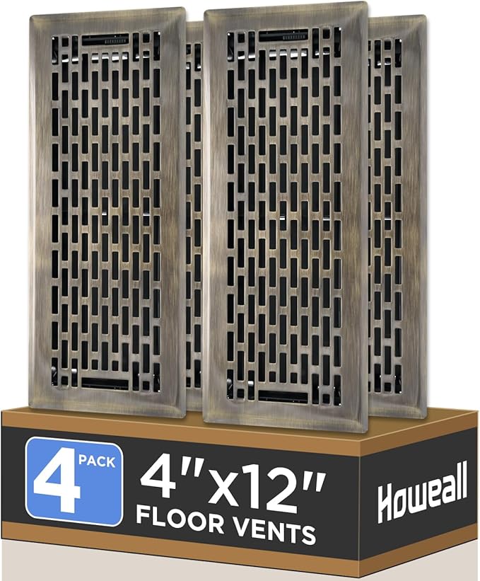 4x12 Inches 4 Pack Heavy Duty Walkable Floor Register - Easy Adjust Air Supply Lever Decorative Floor Vent Covers, Boston Design Vent Covers for Home - Antique Brass