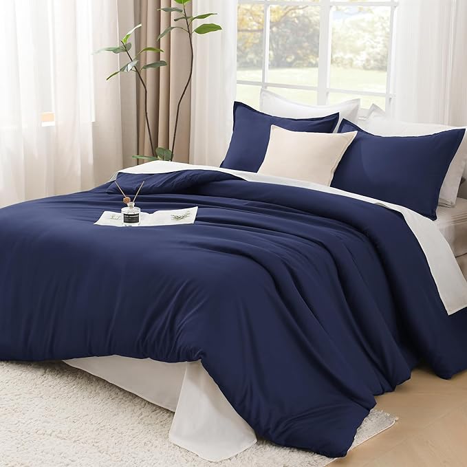 Litanika Comforters Navy Blue Oversized Queen Size, 3 Pieces Lightweight Solid Bedding Set & Collections, All Season Fluffy Bed Set (98x98In Comforter & 2 Pillowcases)