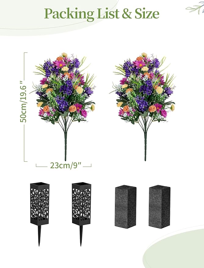 Artificial Cemetery Flowers for Grave: Memorial Day Flowers for Cemetery - Outdoor Grave Decorations - 2 Pcs Purple Violet Mums Bouquets with Vases