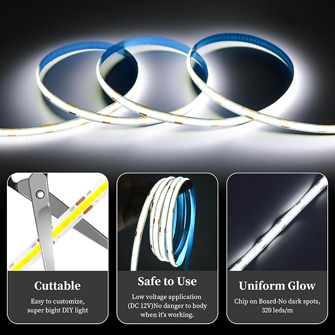 iNextStation COB LED Strip Light White 6000k 16.4FT 5M DC12V CRI 93+ Dimmable Flexible LED Tape Lights for Bedroom, Kitchen, TV Backlight, Cupboard, Wardrobe, Home Lighting Decor