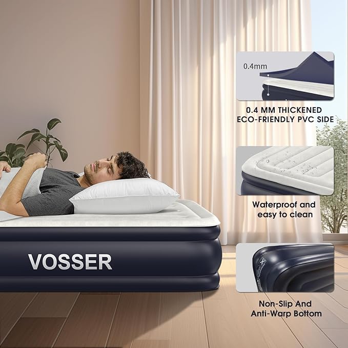 Air Mattress Full with Built in Pump,18''Inflatable Mattress of Upgraded Vertical Beams,Self Inflatable/Deflation Blow Up Mattress in 3 Mins,Flocked Top Airbed with Carry Bag for Home, Camping