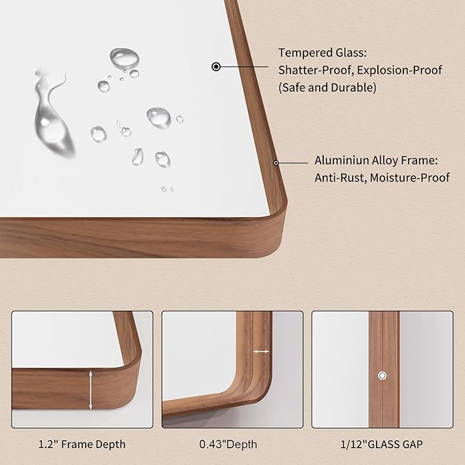 LOAAO 30X36 Inch Bathroom Mirror with Wood Grain Colored Metal Frame, Rounded Rectangle Metal Framed Bathroom Mirror, Anti-Rust, Hangs Horizontally or Vertically, Tempered Glass