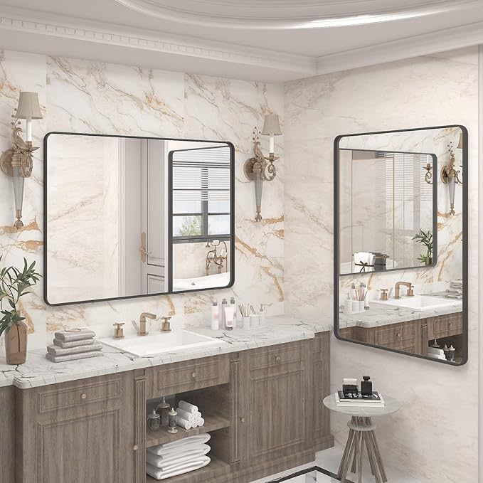 44x36 Inch Black Metal Framed Bathrrom Mirror for Wall, Black Matte Rounded Rectangle Bathroom Vanity Mirror, Anti-Rust, Tempered Glass, Hangs Horizontally or Vertically