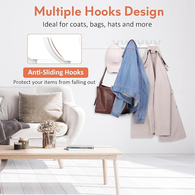 Coat Rack Wall Mount, Coat Hook Wall Mount, Wall Hooks for Hanging, Hat Rack for Walls, Coats Hanger with 12 Hook, Towel Hooks for Bathrooms (2 Pack, White)