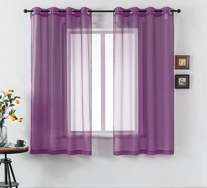 45 Inch Length Purple Short Sheer Curtains for Kitchen Small Windows Set of 2 Panels Grommet Window Semi Voile Drapes Purple Sheer Curtains for Living Room Kids Decor Dark Royal Purple 52x45 Long