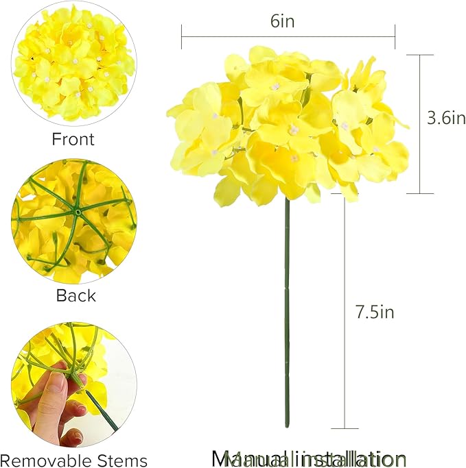 Auihiay 64pcs Hydrangea Artificial Flowers, Yellow Silk Hydrangea Heads with Stems, Hydrangea Flowers for DIY Wedding Centerpiece Baby Shower Home Party Decor (Yellow)