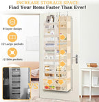 Over the Door Organizer 6 Tiers, Extra Large Behind Door Storage of 12 Compartments,80 lbs Weight Capacity Hanging Storage Organizer with Clear Window Kids Toys, Shoes, Diapers,Beige