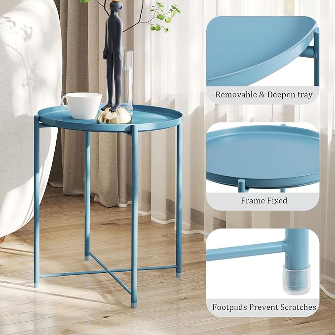 HollyHOME Round Metal Side Table, Outdoor Small Folding Accent Stand with Removable Tray, 17.72'' Portable End Table for Balconies, Gardens, Living Rooms and Bedrooms, Blue