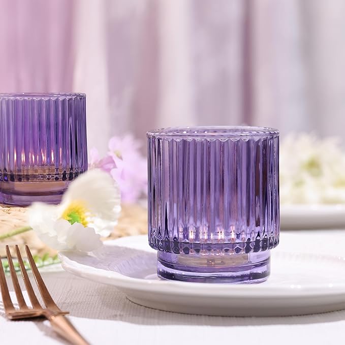 8 Pcs Large Lavender Votive Candle Holders, Tealight Ribbed Candle Holders Glass, Brildal Shower Table Decor,Wedding Centerpieces Table Decorations