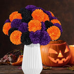 36 Pcs Halloween Artificial Flowers Halloween Chrysanthemums Ball Silk Flowers Black Orange Purple Fake Hydrangea for Halloween Party Home Table Centerpieces Vase Decor
