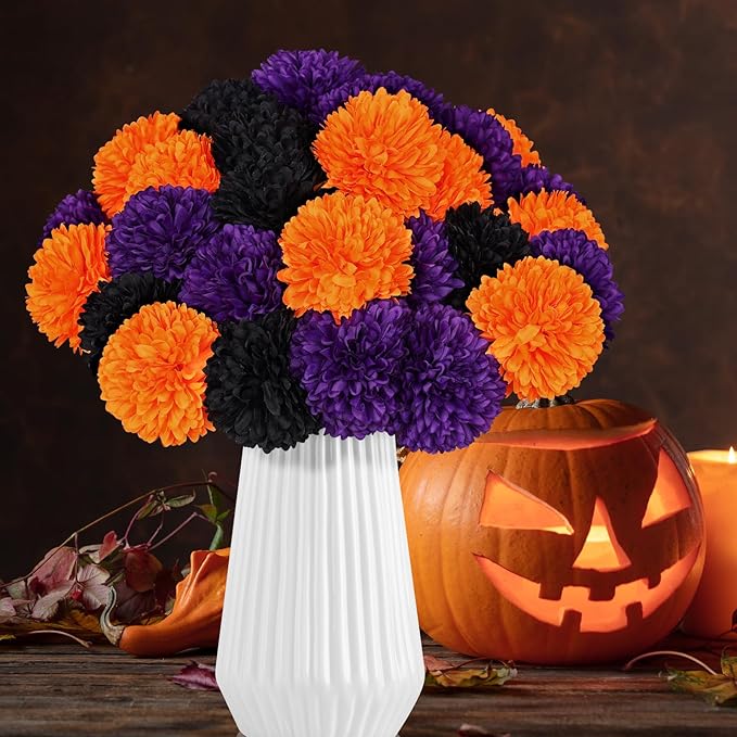 36 Pcs Halloween Artificial Flowers Halloween Chrysanthemums Ball Silk Flowers Black Orange Purple Fake Hydrangea for Halloween Party Home Table Centerpieces Vase Decor