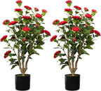 36” Artificial Camellia Tree 2 Packs, Faux Camellia Plant in Pot with Red Flowers, Greenery Camellia Tree for Spring Home Front Door Outdoor Indoor Decoration, Red