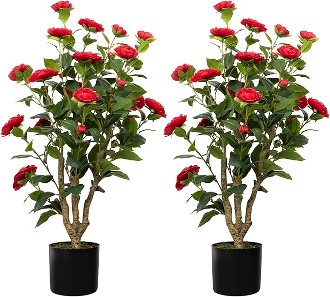 36” Artificial Camellia Tree 2 Packs, Faux Camellia Plant in Pot with Red Flowers, Greenery Camellia Tree for Spring Home Front Door Outdoor Indoor Decoration, Red