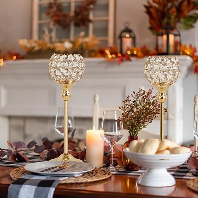 VINCIGANT Gold Crystal Candle Holders Set of 2 for Fireplace Coffee Table Mantle Decor,Wedding Home Halloween Decoration Centerpieces