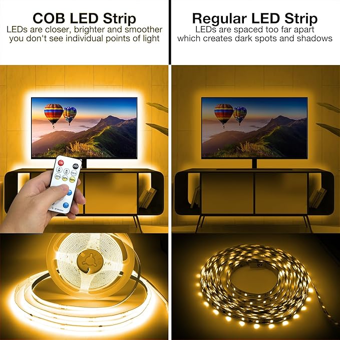 DAYBETTER COB Led Strip Lights with Remote and App Control, 32.8ft 3000K Dimmable Ultra Bright Warm White Led COB Light Strip, 3200 LEDs Led Lights for Bedroom, Cabinet, Living Room Decor