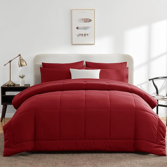 CozyLux Queen Comforter Set Dark Red, 7 Pieces Bed in a Bag, Red Comforter Queen Size, All Season Bedding Sets with Stitch Quilted Comforter, Flat Sheet, Fitted Sheet, Pillowcases