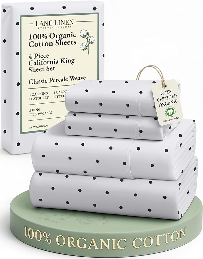 LANE LINEN 100% Organic Cotton Printed California King Sheets Set, Fully Elasticized Reinforsed Seams in Fitted Pocket, Naturally Cooling All Season Cal King Sheet Deep Pocket Bedding- Polka Dot