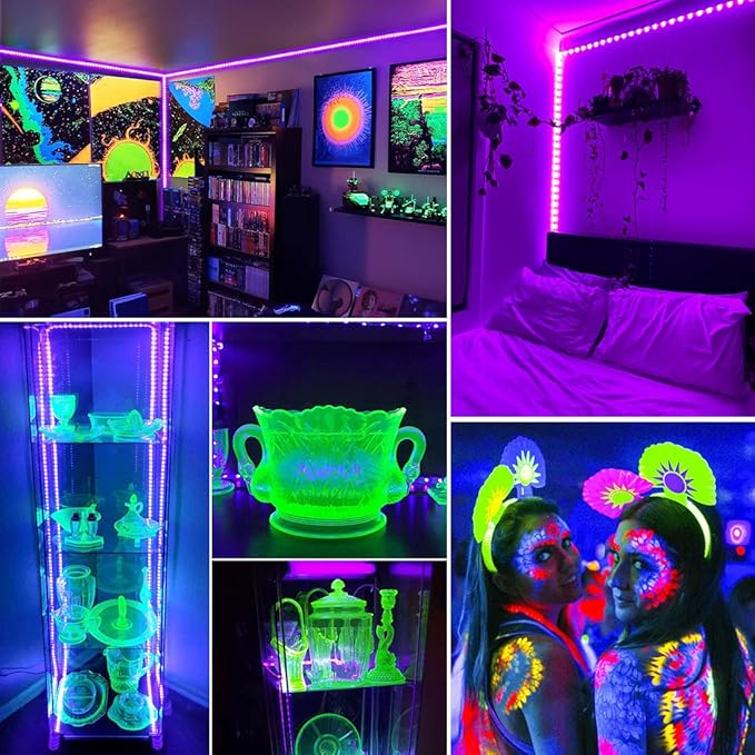 33FT USB Black Lights LED Strip, Battery Operated Black Light Tapestry Light, 300LEDs Blacklight for Bedroom Glassroom, Halloween, Glow Neon Party, Birthday, Fluorescent Poster Painting,4 Pack