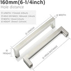 Cabinet Pulls Brushed Nickel Cabinet Handles Square Drawer Pulls, 2 Pack 6-1/4 Inch Stainless Steel Kitchen Door Cupboard Cabinet Handles, Cabinet Hardware Drawer Handles, 160mm Hole Centers