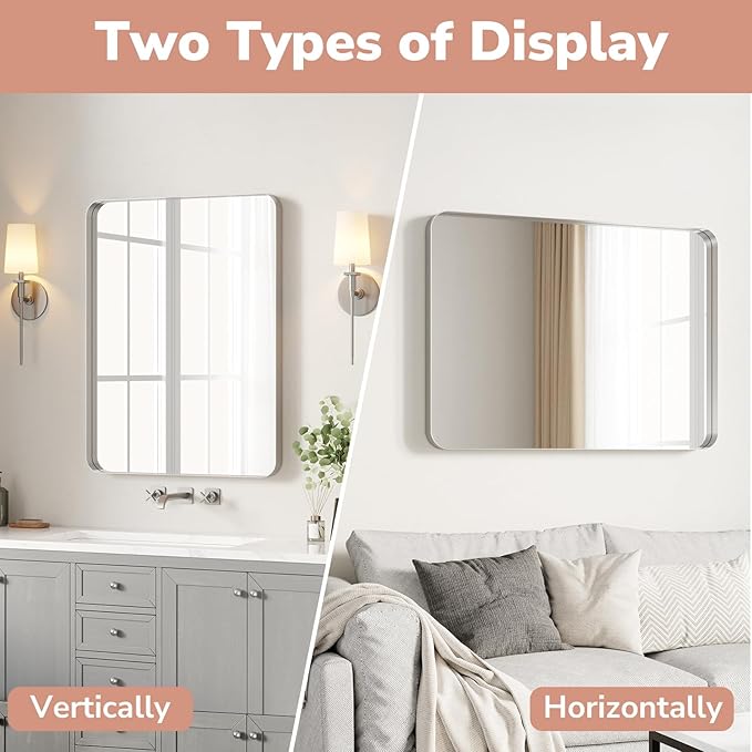 USHOWER Brushed Nickel Bathroom Mirrors 22"x30" 2 Pack, Silver Rectangle Mirrors for Over Sink, Rounded Corner, Aluminum Frame, Anti-Rust, Tempered Glass, Horizontal or Vertical Mounted