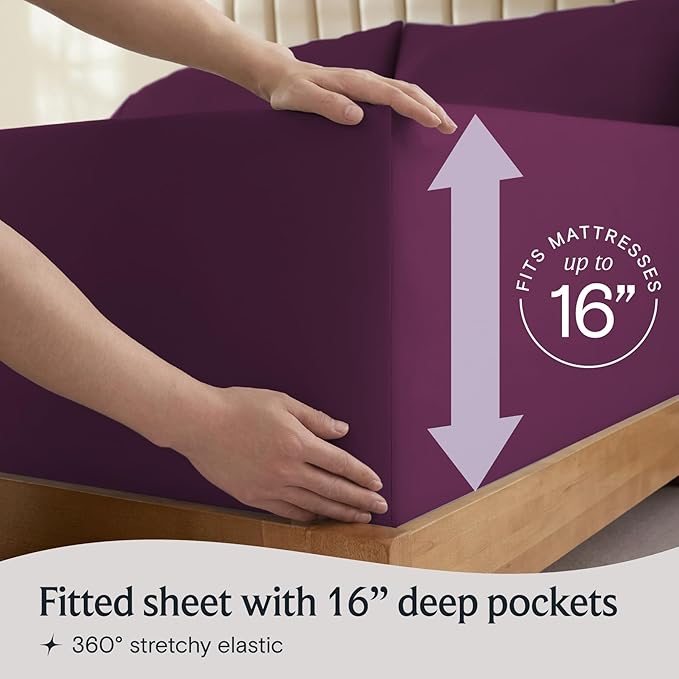 LuxClub 4 PC California King Sheet Set, Breathable Luxury Bed Sheets, Deep Pockets Wrinkle Free Cooling Sheets Machine Washable Hotel Bedding Silky Soft - Eggplant Cal King