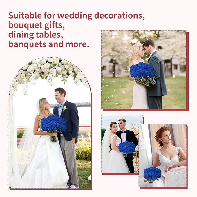 52 PCS Blue Artificial Roses Bulk, Fake Artificial Flowers Bridal Bouquet Silk Faux Rose with Stems for Wedding Flowers Decoration, Valentine's Day, Bridal Bouquet, Anniversary, Home Decor (52PCS)