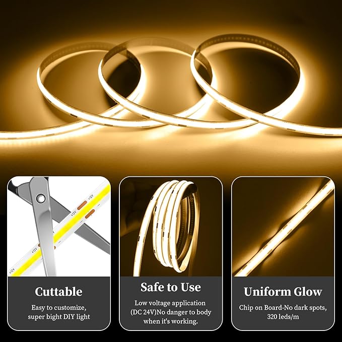 iNextStation COB LED Strip Light Warm White 3000K 32.8ft/10M DC24V CRI 93+ Flexible LED Tape Lights 8mm for Bedroom, Kitchen, TV Backlight, Cabinet, Stage, Home DIY Lighting Decor (No Plug)
