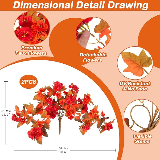 Homsunny Fall Flowers for Outdoors, 2 PCS Fake Fall Flowers UV Resistant Fake Autumn Artificial Flowers for Porch Patio Window Box Planter Home Decor (Fall Red and Orange)
