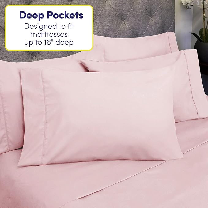 Queen Sheets Pale Pink - 6 Piece 1500 Supreme Collection Fine Brushed Microfiber Deep Pocket Queen Sheet Set Bedding - 2 Extra Pillow Cases, Great Value, Queen, Pale Pink