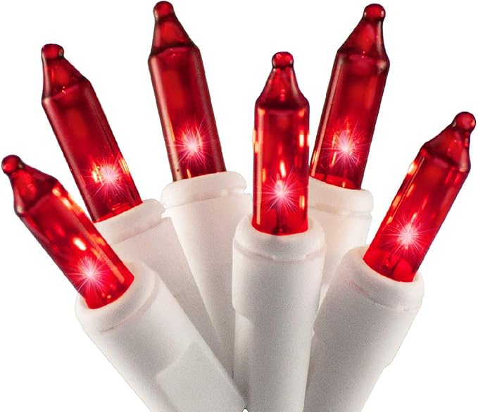 612 Vermont 100 Red Christmas Lights on a White Wire String, UL Approved, Indoor and Outdoor Use, 18’ of Lighted Length, 20’ of Total Length