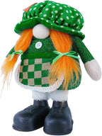 Standing St.Patrick's Day Gnome Plush Doll with Retractable Legs Nordic Scandinavian Swedish Dwarf Gnome Figurines Wearing Glitter Clothes & Black Boots Lucky Green Shamrock Irish Table Decor (A)