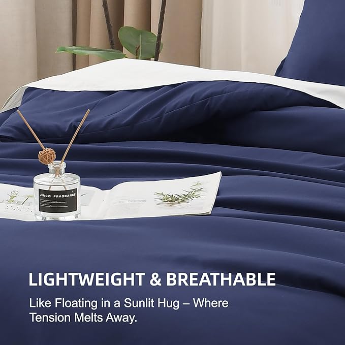 Litanika Navy Blue Comforter Set Queen Size, 3 Pieces Lightweight Solid Bedding Comforter Set, All Season Fluffy Down Alternative Bed Set (90x90In Comforter & 2 Pillowcases)