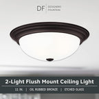 DESIGNERS FOUNTAIN Reedley 2-Lights Flush Mount Ceiling Light, 11 Inch Lighting Fixture for Kitchen, Bedroom, Bathroom, and Hallway, Oil Rubbed Bronze with Etched Glass, 1257S-ORB-W