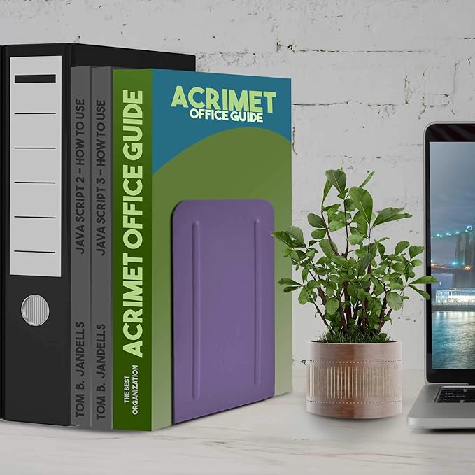 Acrimet Metal Bookends, Non-Skid Book Stand for Shelves, Heavy Duty Book Stopper, 6-7/8" H x 4" W x 4-1/2“ D, Purple, 1 Pair