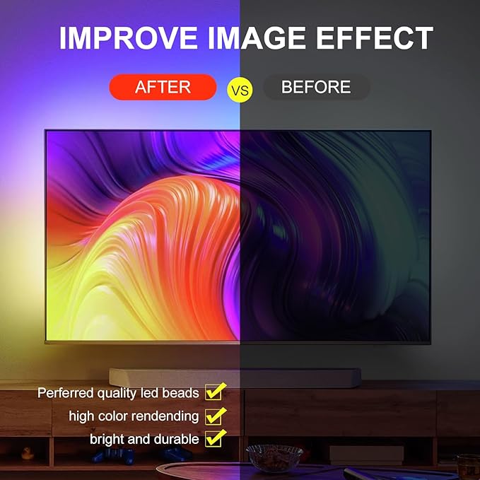 9.84ft Smart RGB LED TV Backlight Strip for 32-45 Inch TVs, Music Sync Bluetooth App & Remote Control, USB-Powered LED Lights for Bedroom, Gaming, Home Theater