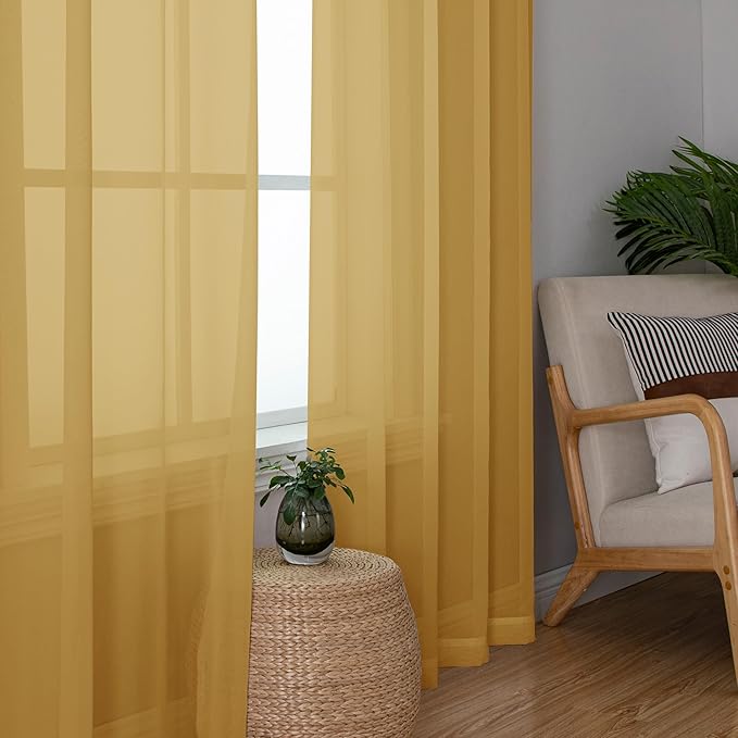 Aiyufeng Gold Sheer Curtain 96 Inches Long 2 Panels Set, Light Filtering Gold Window Curtain Drapes Treatment for Kitchen, Bedroom,Children Room, Dual Rod Pocket, 2 Pack of 42 x 96"